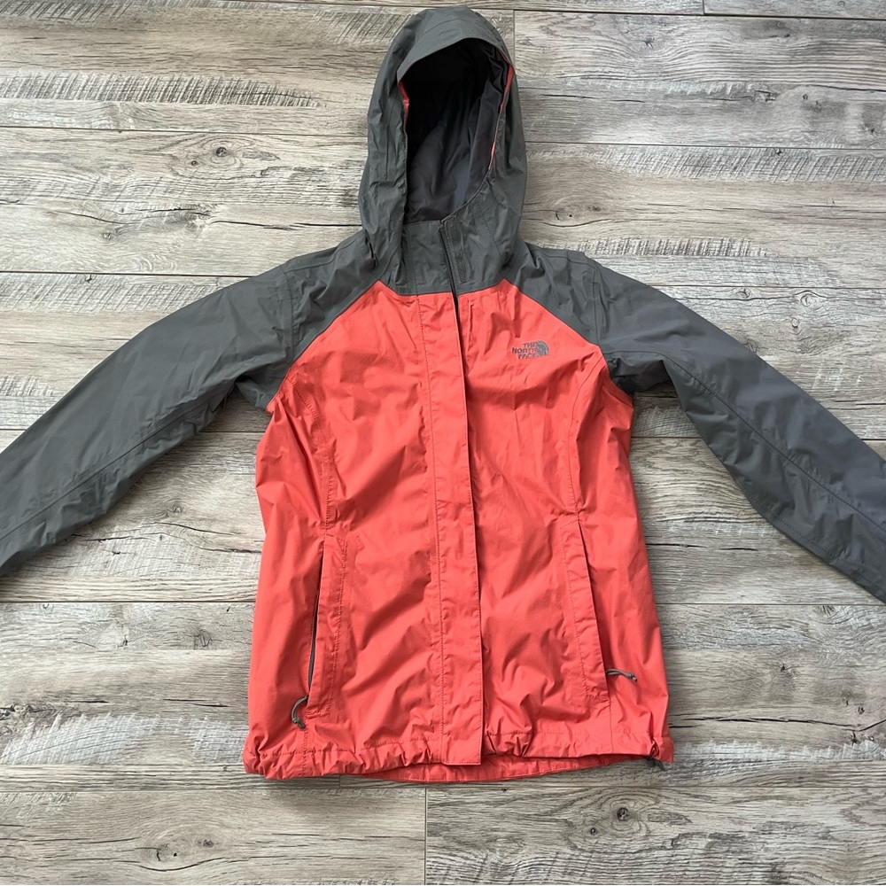 The North Face Women's Coral Red and Gray Hooded Rain Jacket
